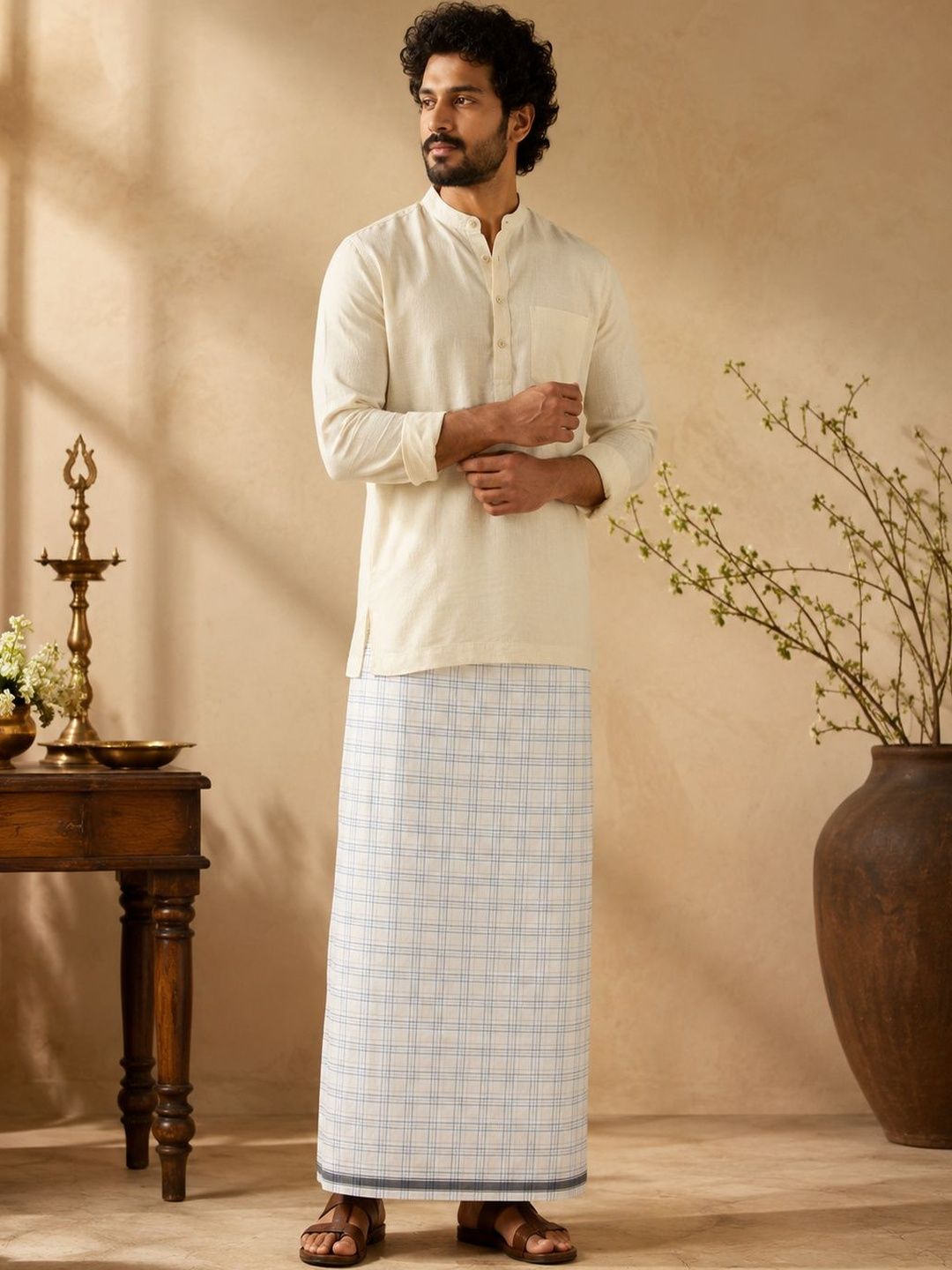 AKESHAVAM Men Checked Cotton Dhoti Dhotis