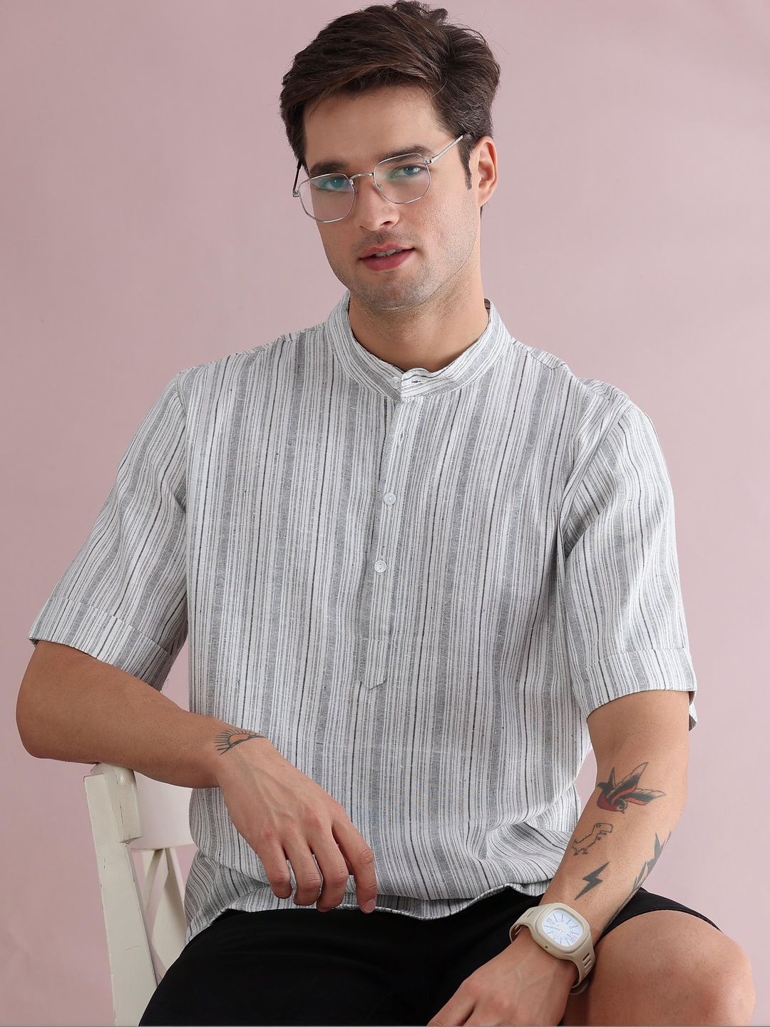 FILORI STUDIO Men White Striped Kurta