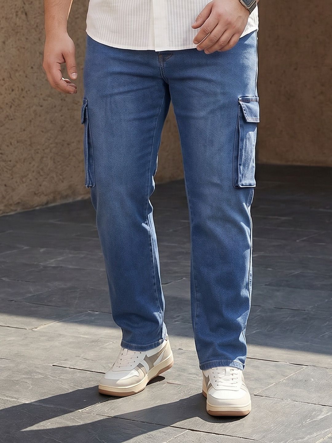 Sztori Men Plus Size Light Fade Stretchable Cargo Jeans