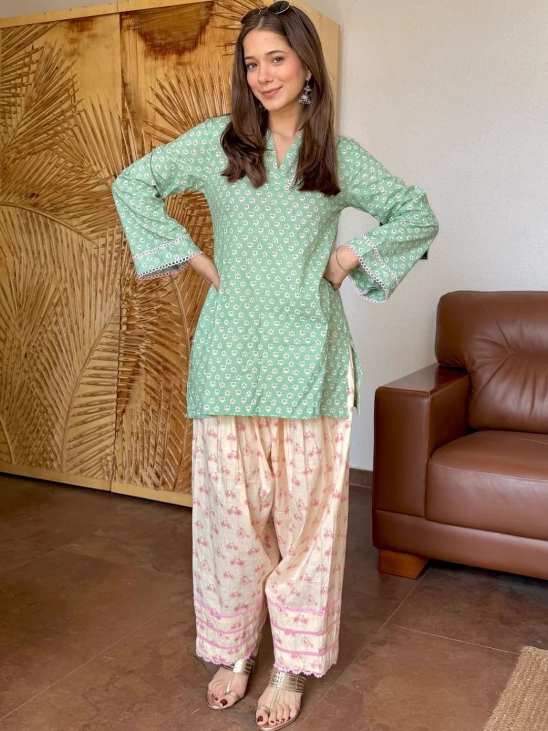 Mitus couture Ethnic Motifs Printed V-Neck Long Sleeves Pure Cotton Kurti With Patiala