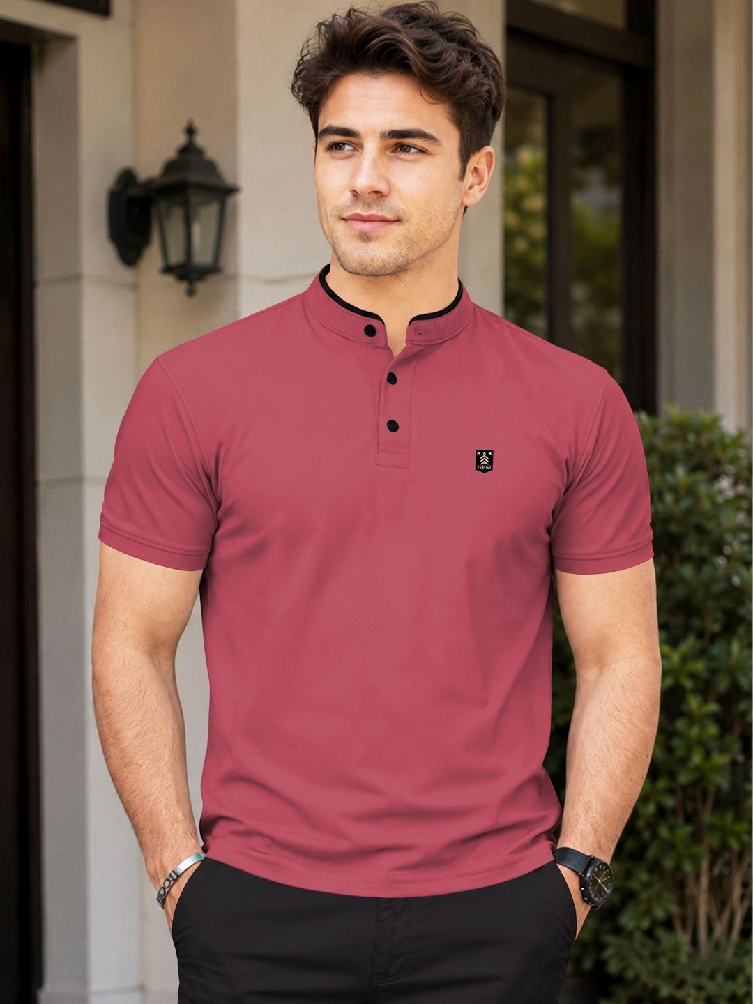 VeBNoR Men Solid Mandarin Collar Casual T-shirt