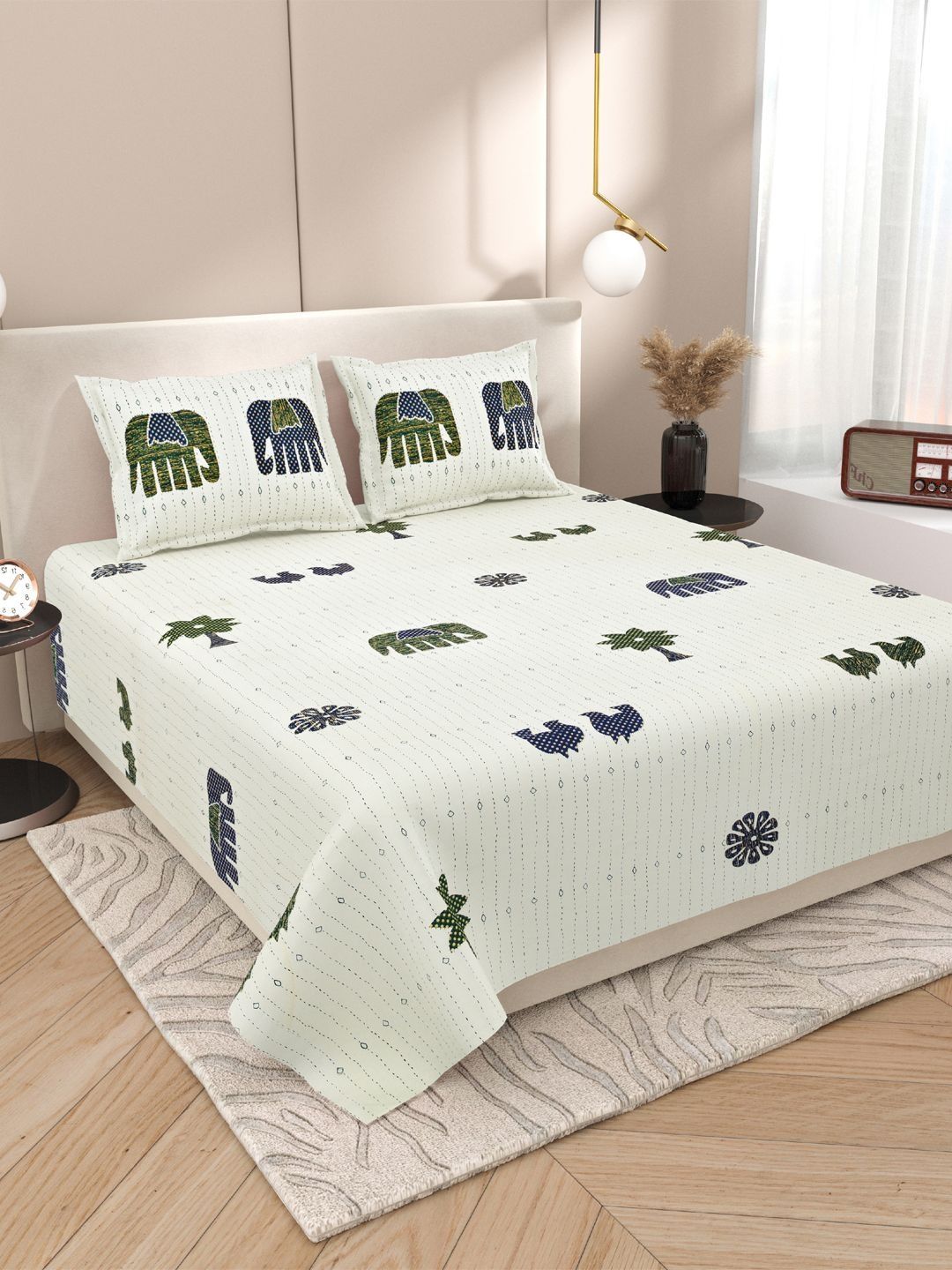 Sangria Green Animal Printed Soft Feel 120 TC Double Fine Bedsheets