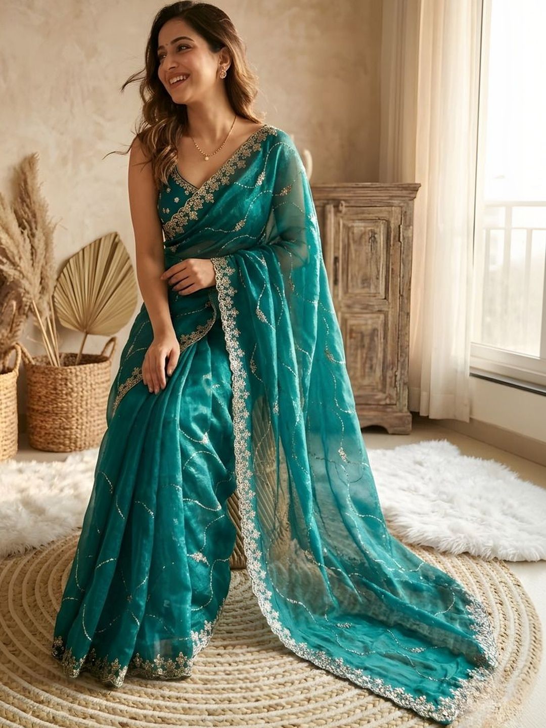 House of Pataudi House of Pataudi Ethnic Motifs Embroidered Poly Chiffon Saree