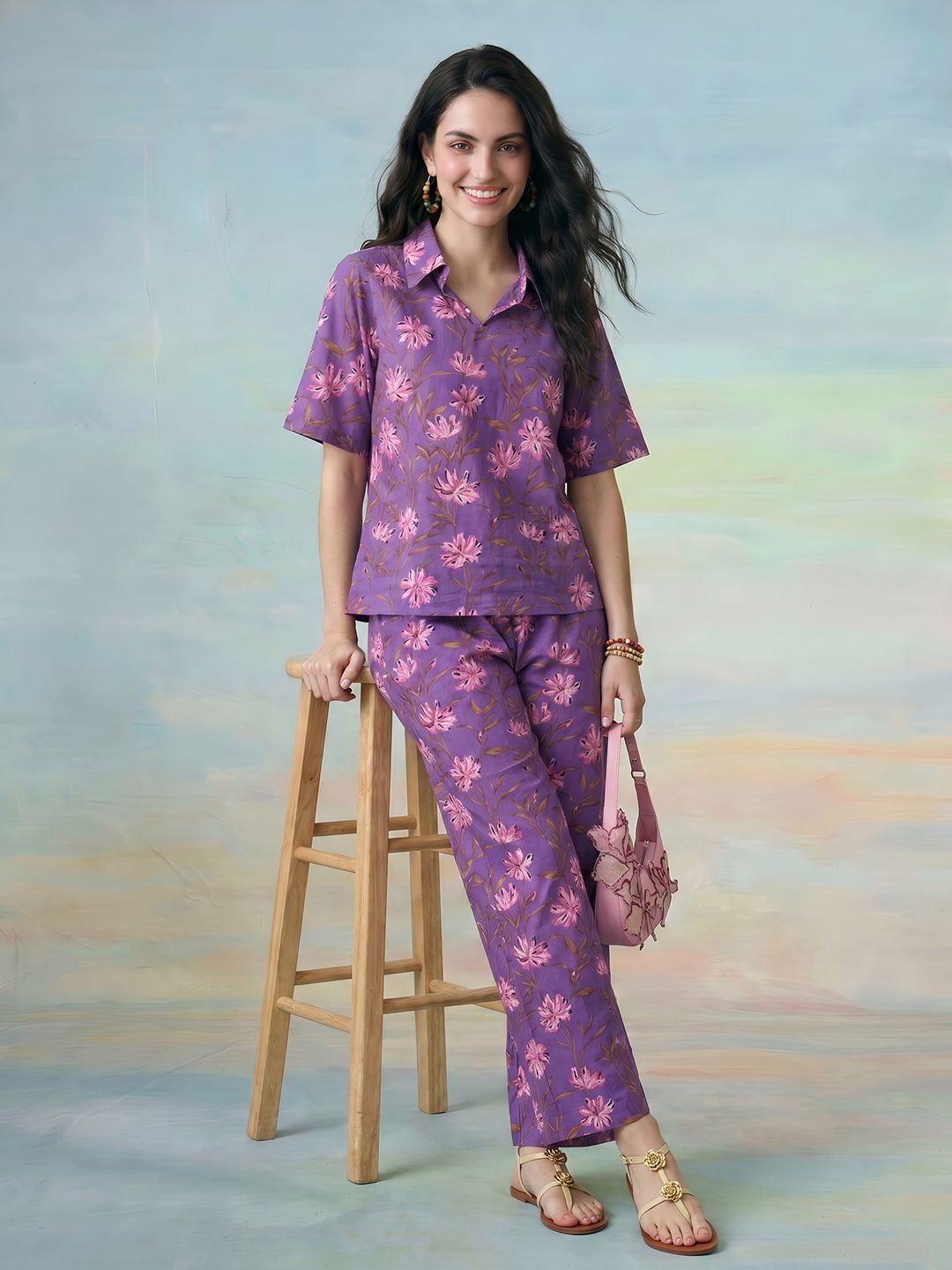 ZACCAI Floral Printed Pure Cotton Shirt with Trousers