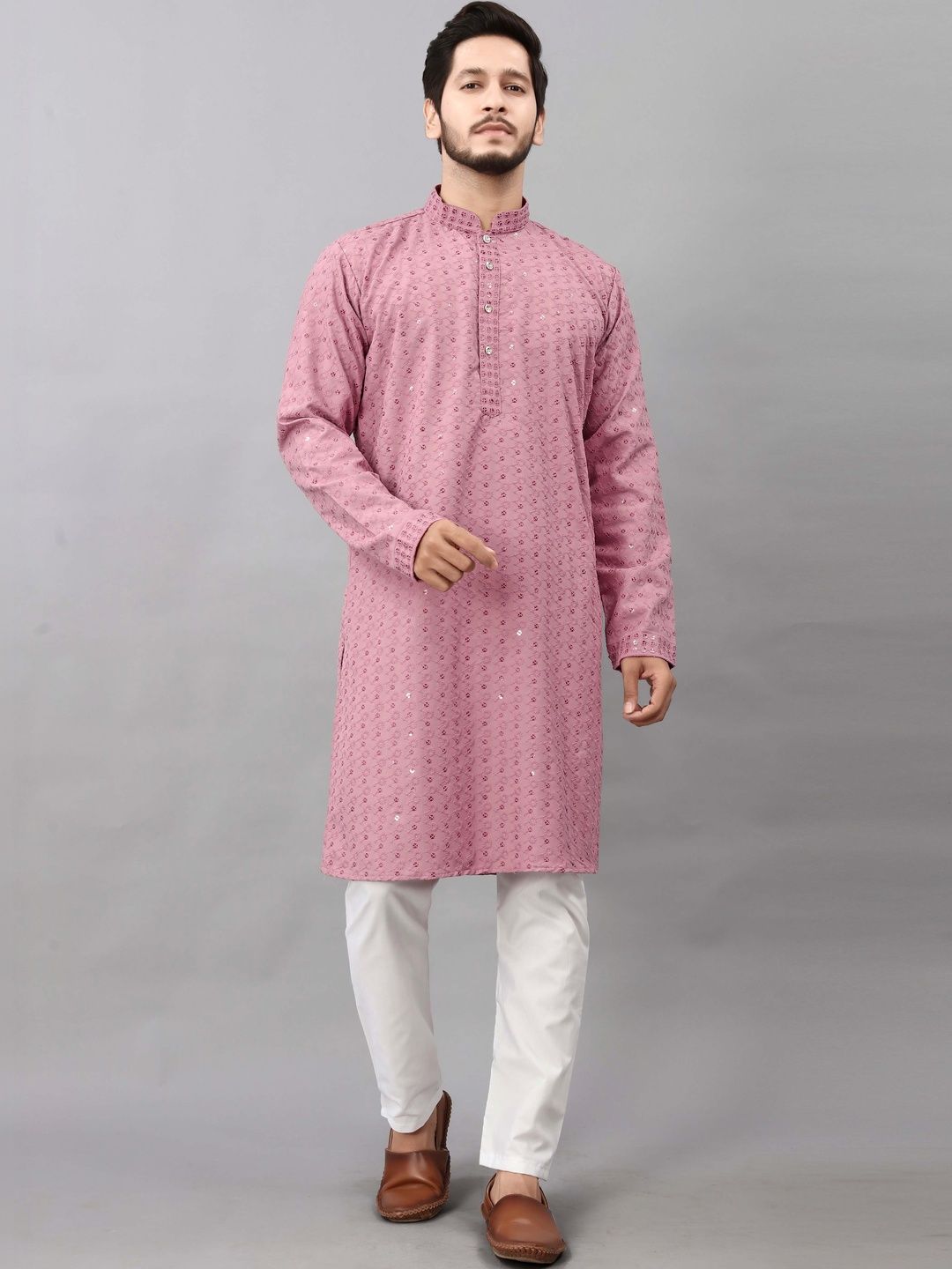 lucknowi Men Sequinned Handloom Kurta
