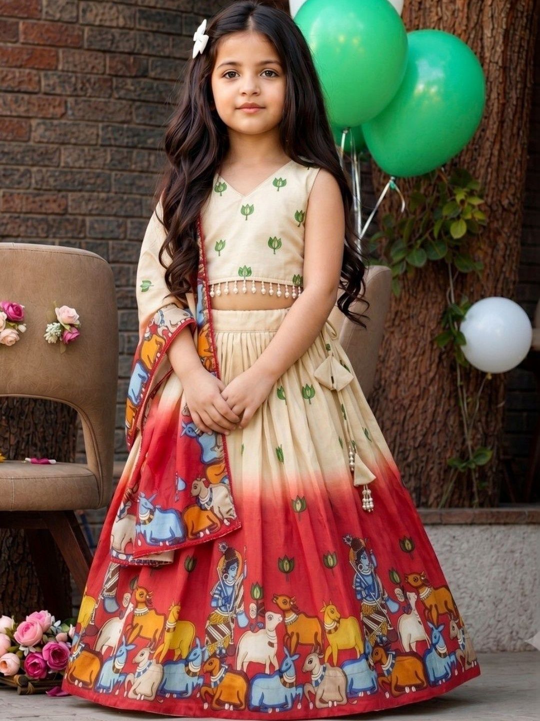 Sangria Girls Printed Mukaish Tie and Dye Ready to Wear Lehenga & Blouse With Dupatta