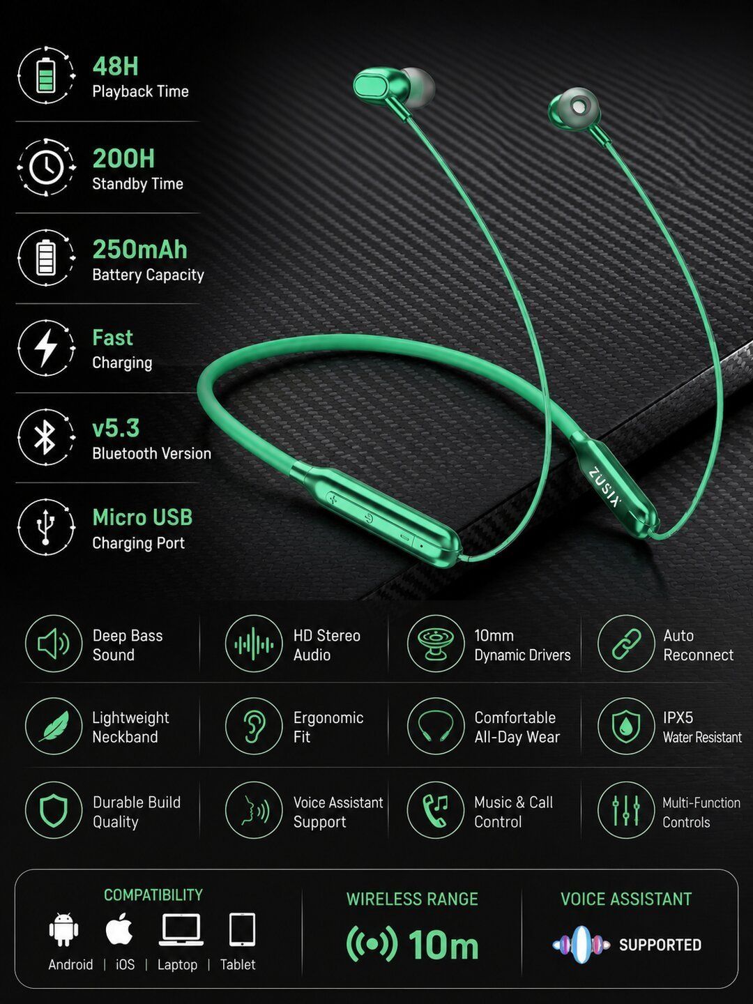 zusix Storm 440 With Upto 48 Hrs Playtime Bluetooth In-Ear Wireless Neckband