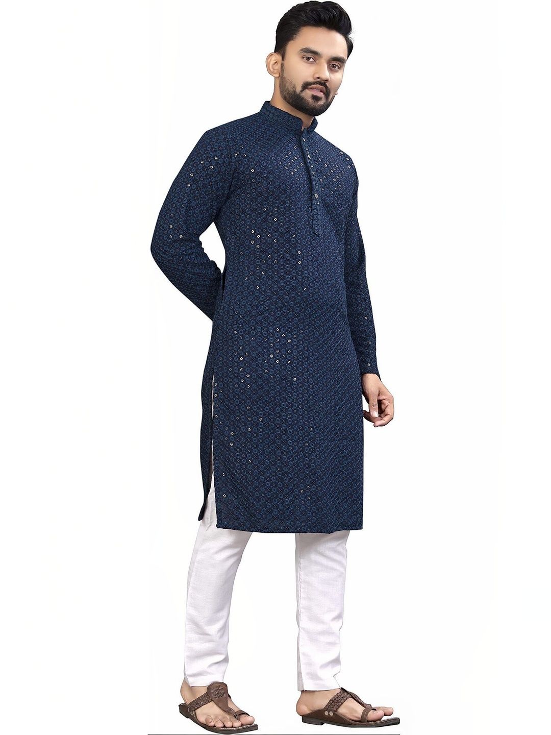 LUCKNOWI FASHION Men Sequinned Handloom Kurta