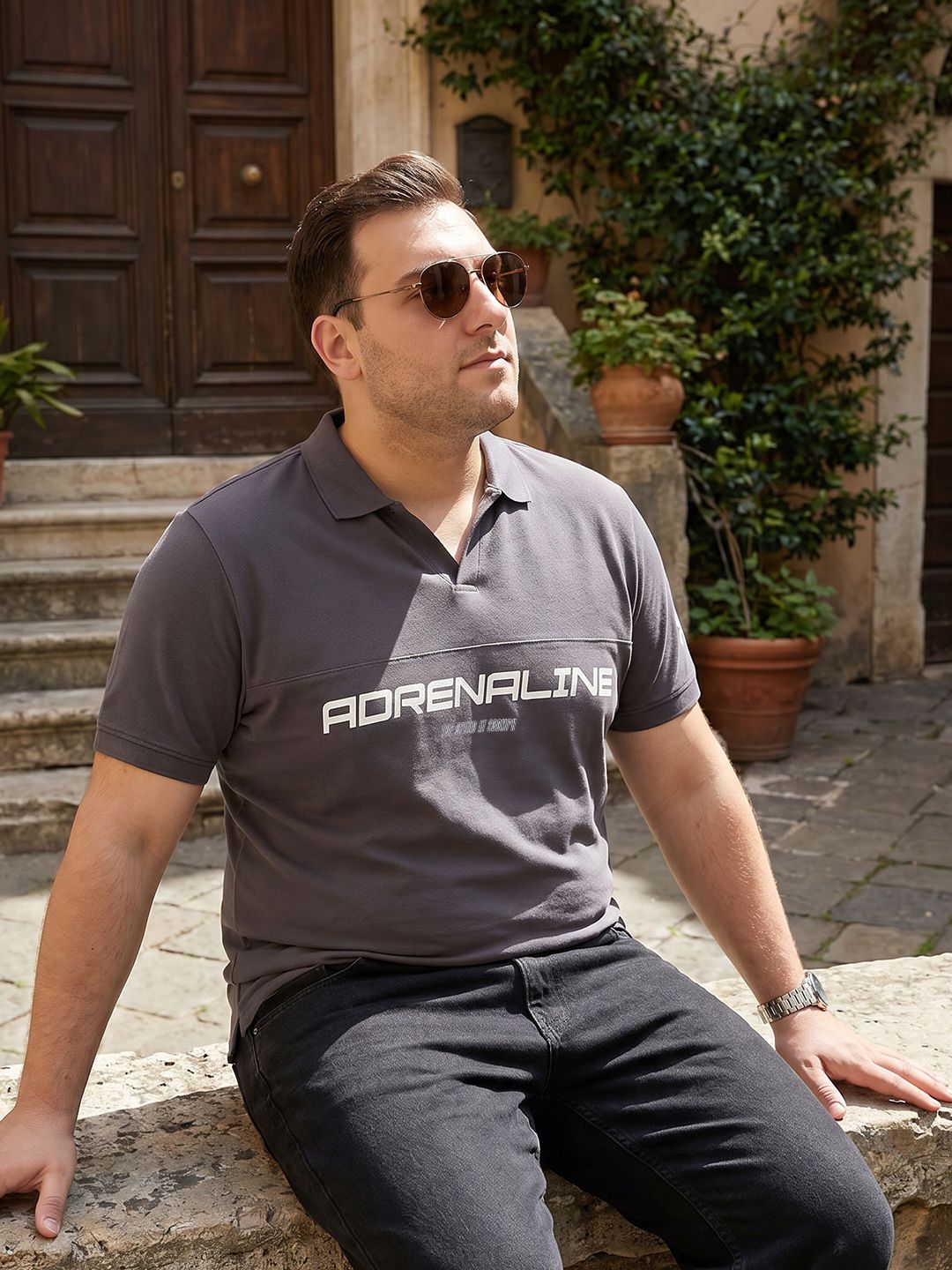 Sztori Plus Size Typography Printed Polo Collar T-shirt