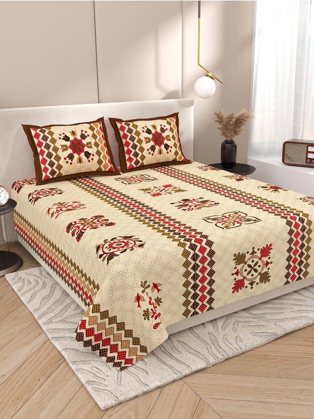 Sangria Cream Floral  Soft Feel 120 TC Double Fine Bedsheets