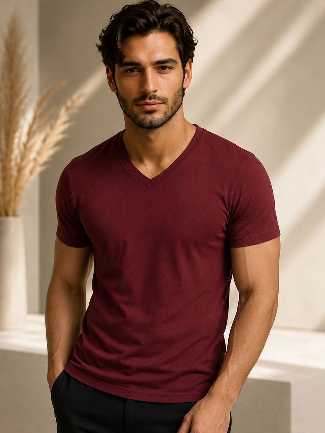 FBAR Men Solid Cotton V Neck T Shirt