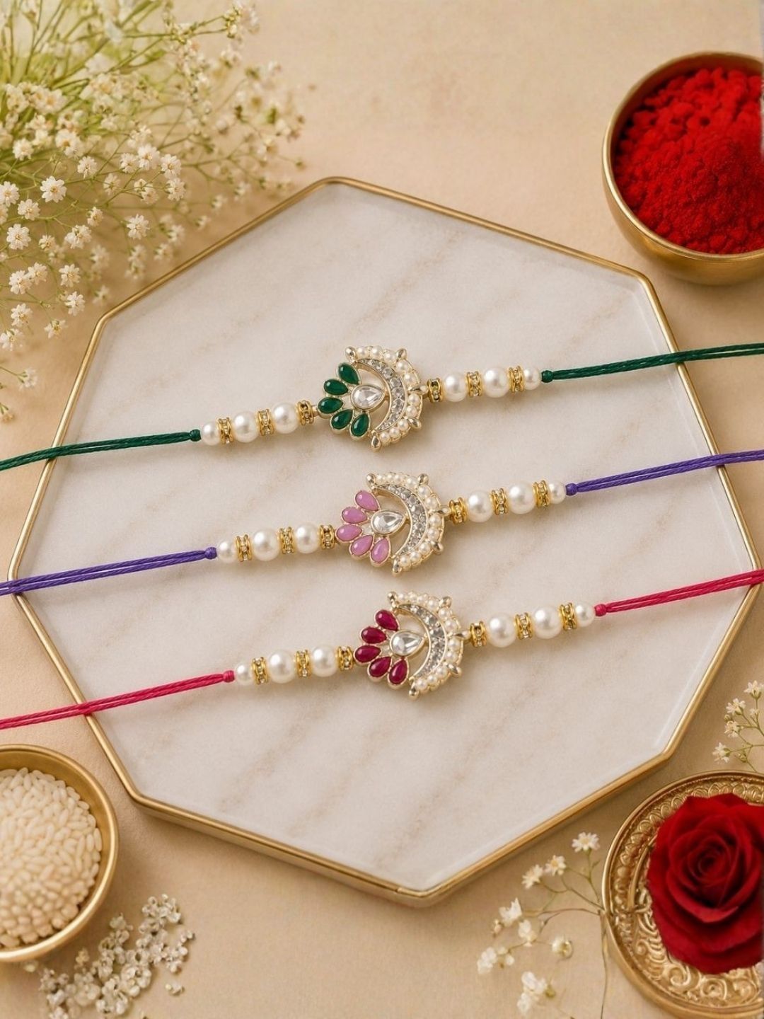 I Jewels Set Of 3 Kundan & Pearl Thread Rakhis With Roli Chawal & Rakshabandhan Card