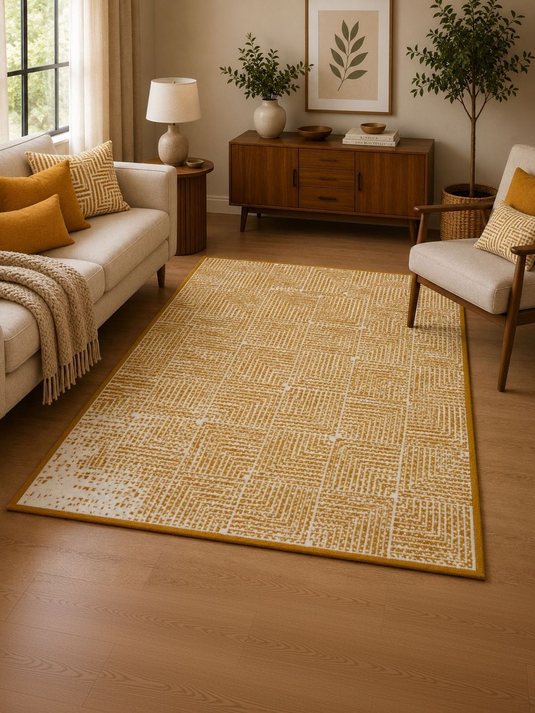 DECOVIA DECOVIA Gold-Toned Geometric Anti-Skid Nylon Carpet