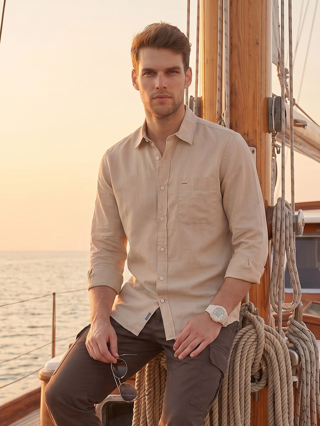 Nautica Spread Collar Cotton Linen Casual Shirt
