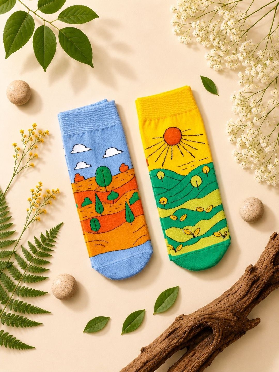 Thela Gaadi Unisex Pack Of 2 Nature Themed Ankle Length Socks