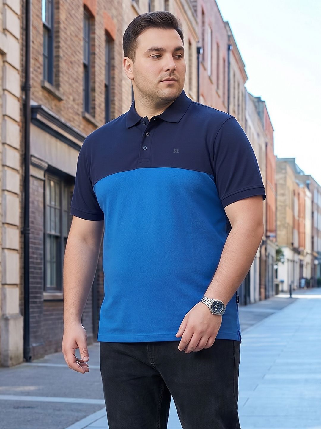 Sztori Plus Size Colourblocked Polo Collar Pure Cotton T-shirt