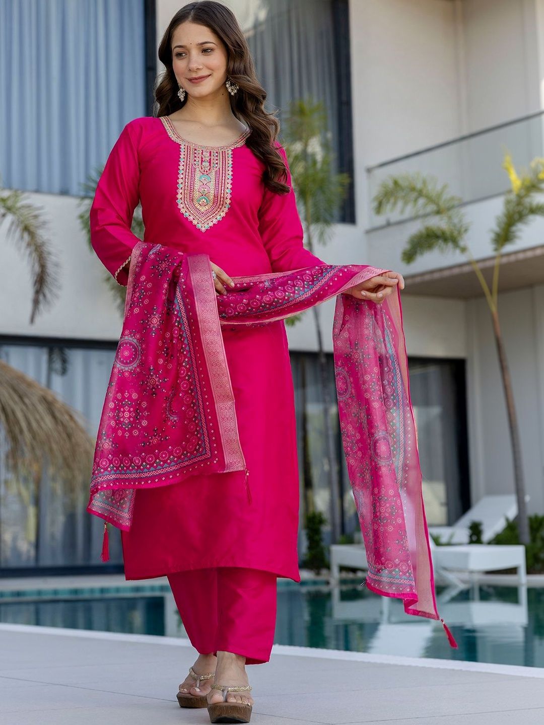 Sangria Women Ethnic Motifs Embroidered Regular Thread Work Kurta with Palazzos & With Dupatta