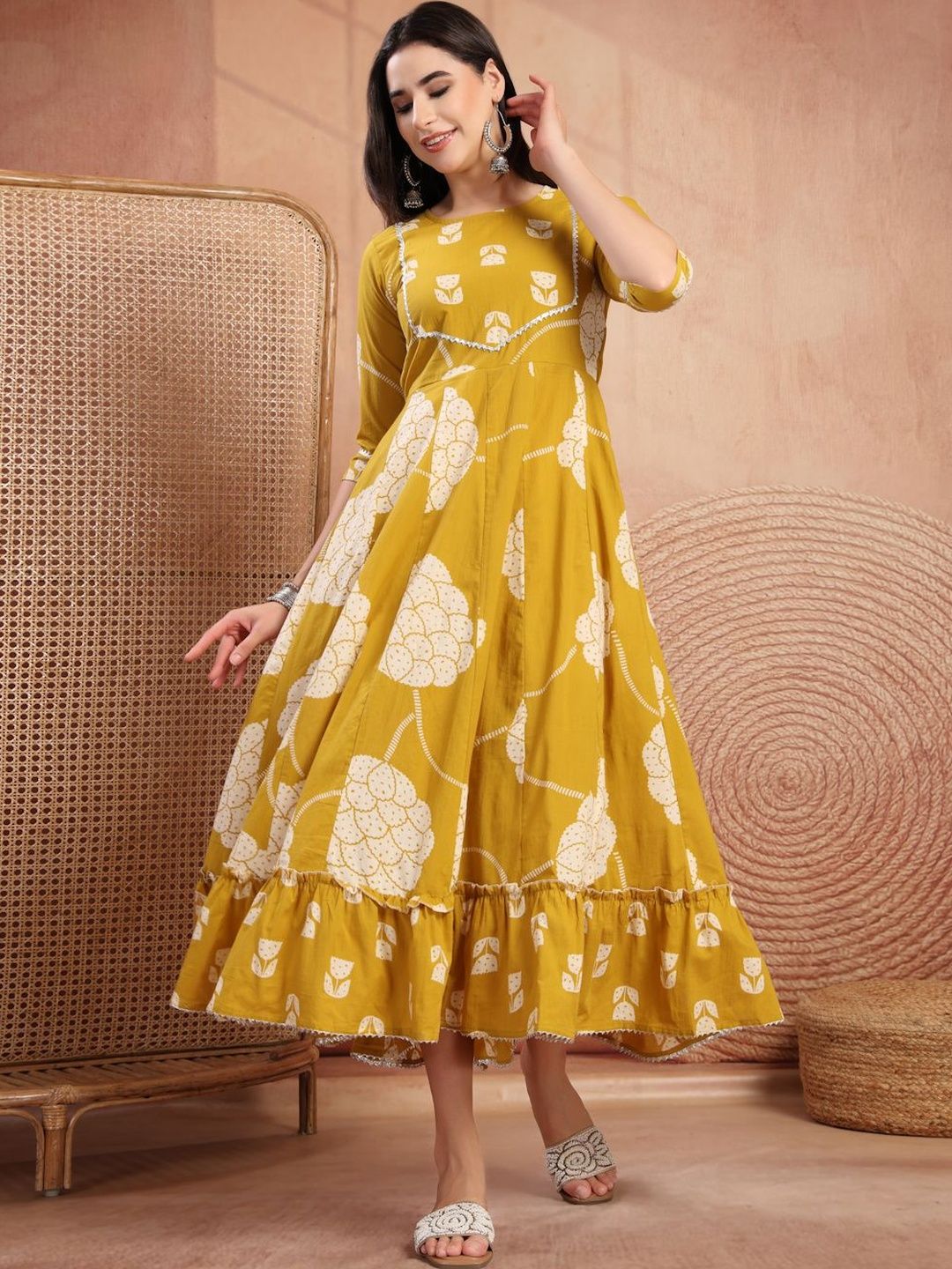 Pristyle Floral Print Ruffled A-Line Midi Dress
