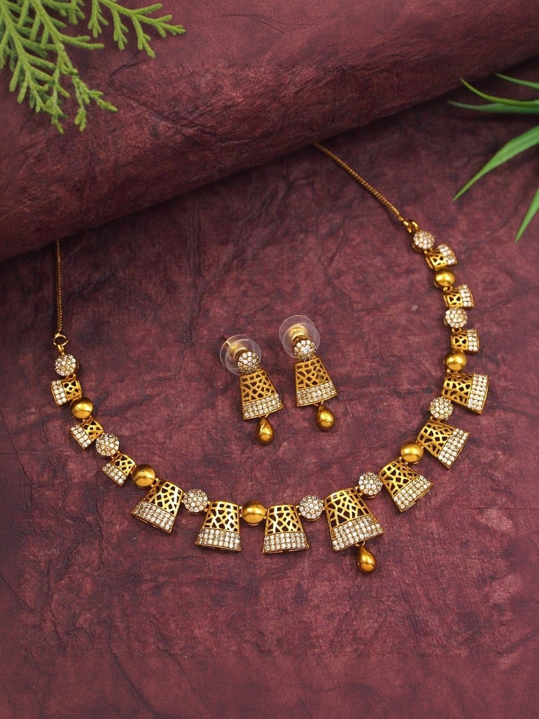 SGA FASHION Gold-Plated Antique American Diamond Studded Necklace And Earrings