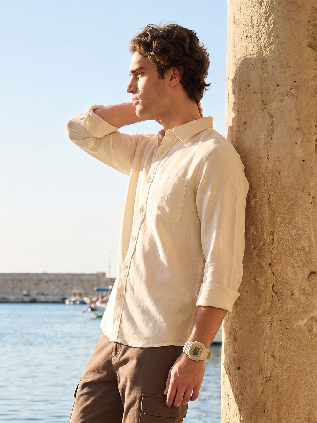 Nautica Spread Collar Cotton Linen Casual Shirt