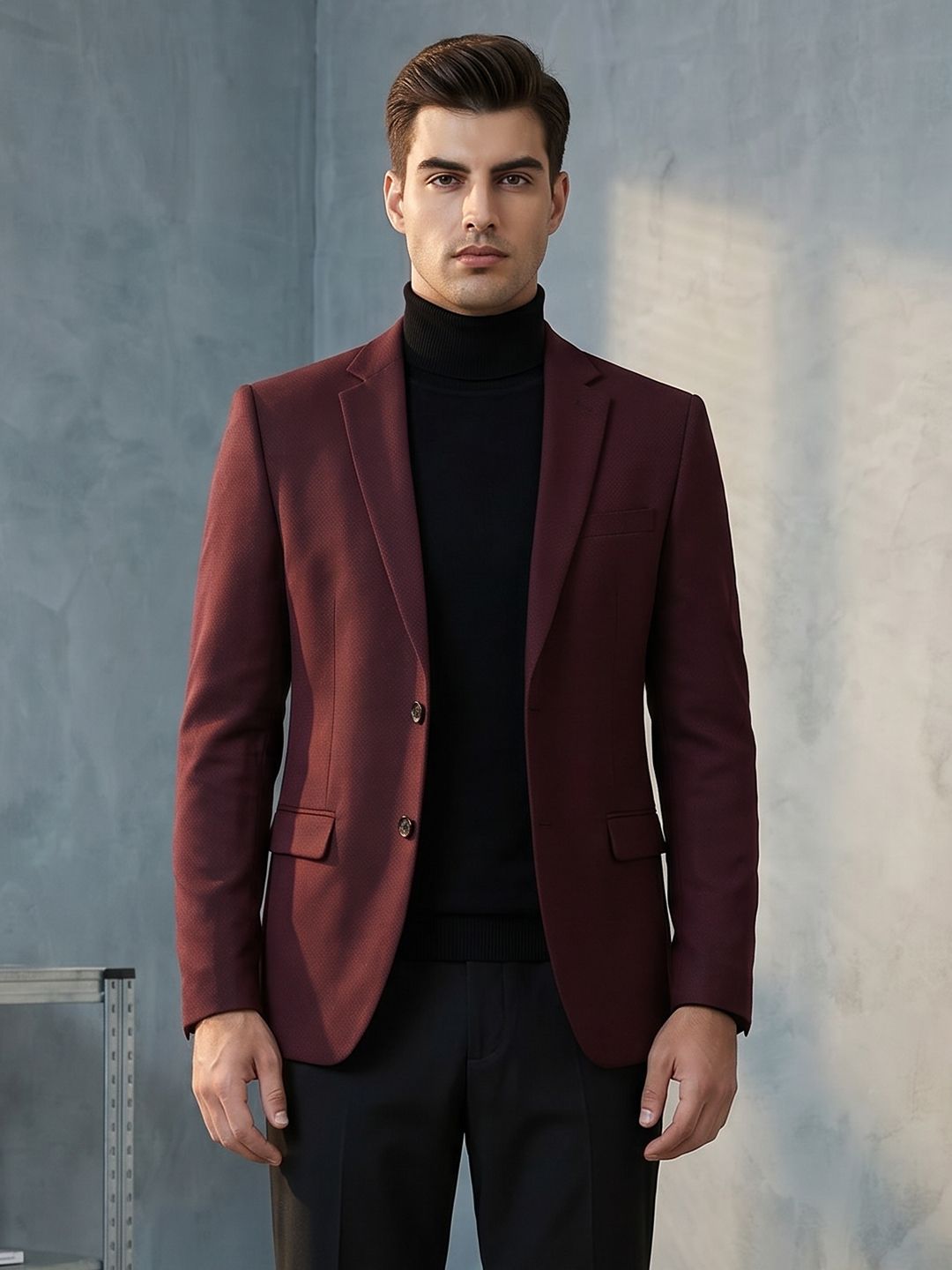 INVICTUS Slim Fit Textured Notched Lapel Single Breasted Formal Blazer