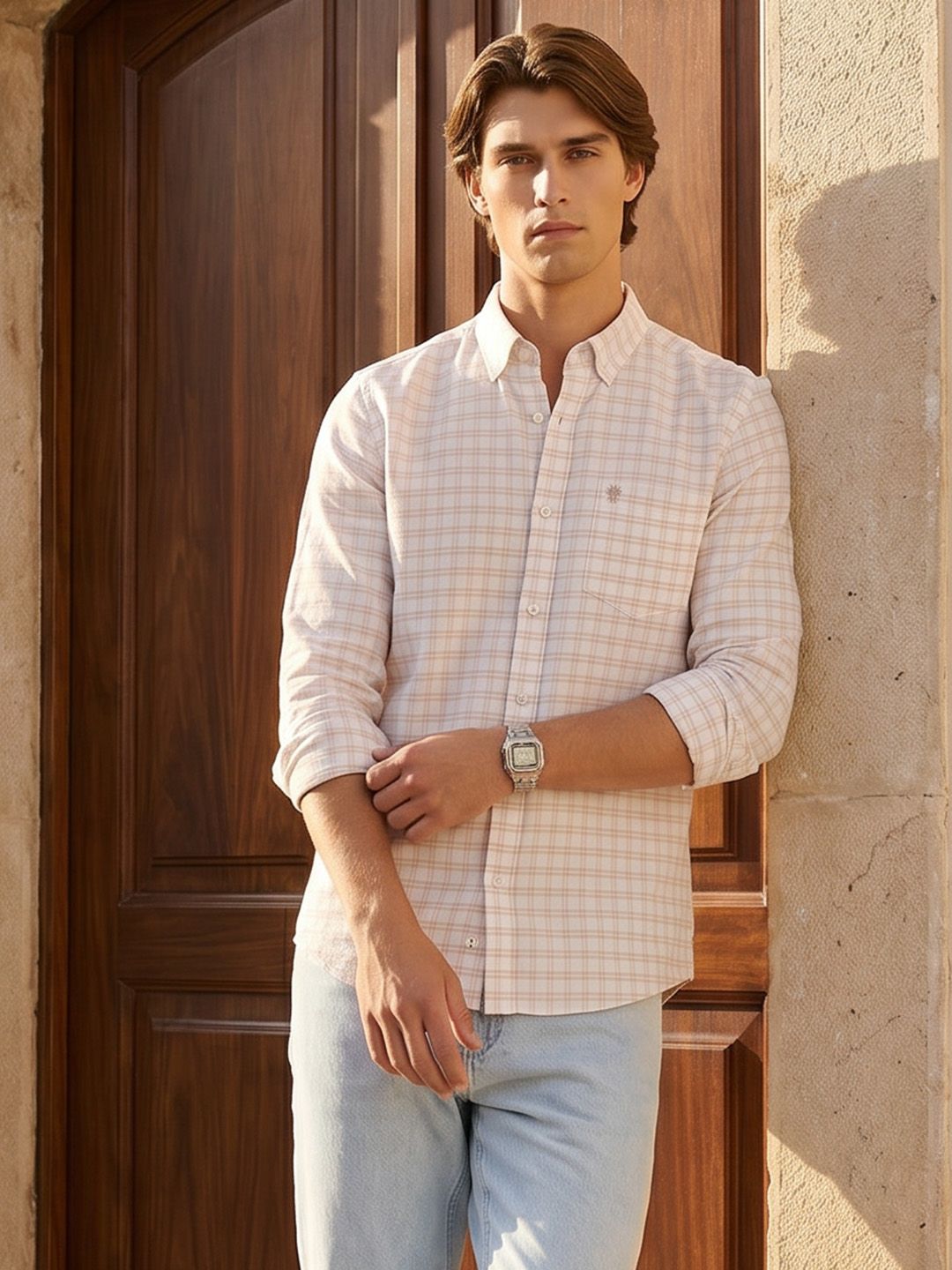 French Connection Checked Button-Down Collar Slim Fit Cotton Linen Casual Shirt