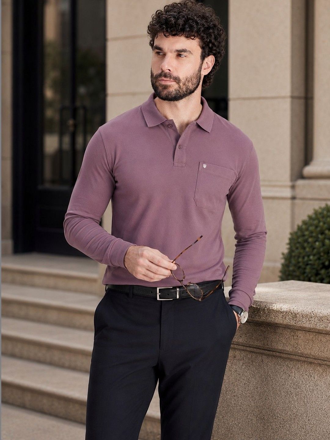 PRORIDERS Men Solid Purple Regular Fit Full Sleeve Polo T-shirt
