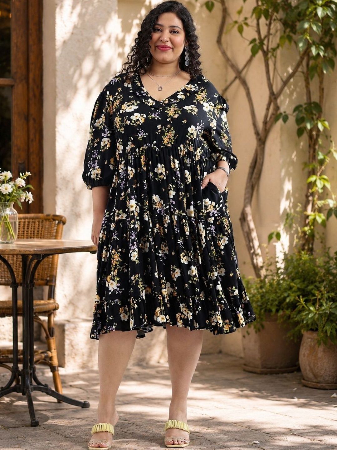 Floral Print Fit & Flare Dress Virgio Floral Print Puff Sleeve Ruffled Fit & Flare Plus Size Dress