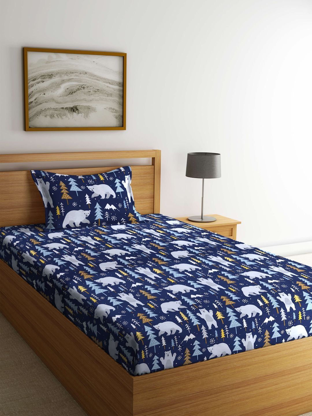 BOMBAY DYEING BOMBAY DYEING Blue & White 144 TC Single Bedsheet with 1 Pillow Covers