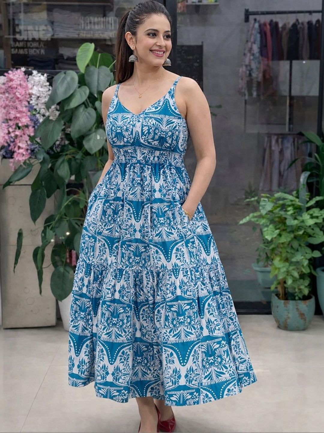 Chaukas Ethnic Motifs Print A-Line Midi Dress