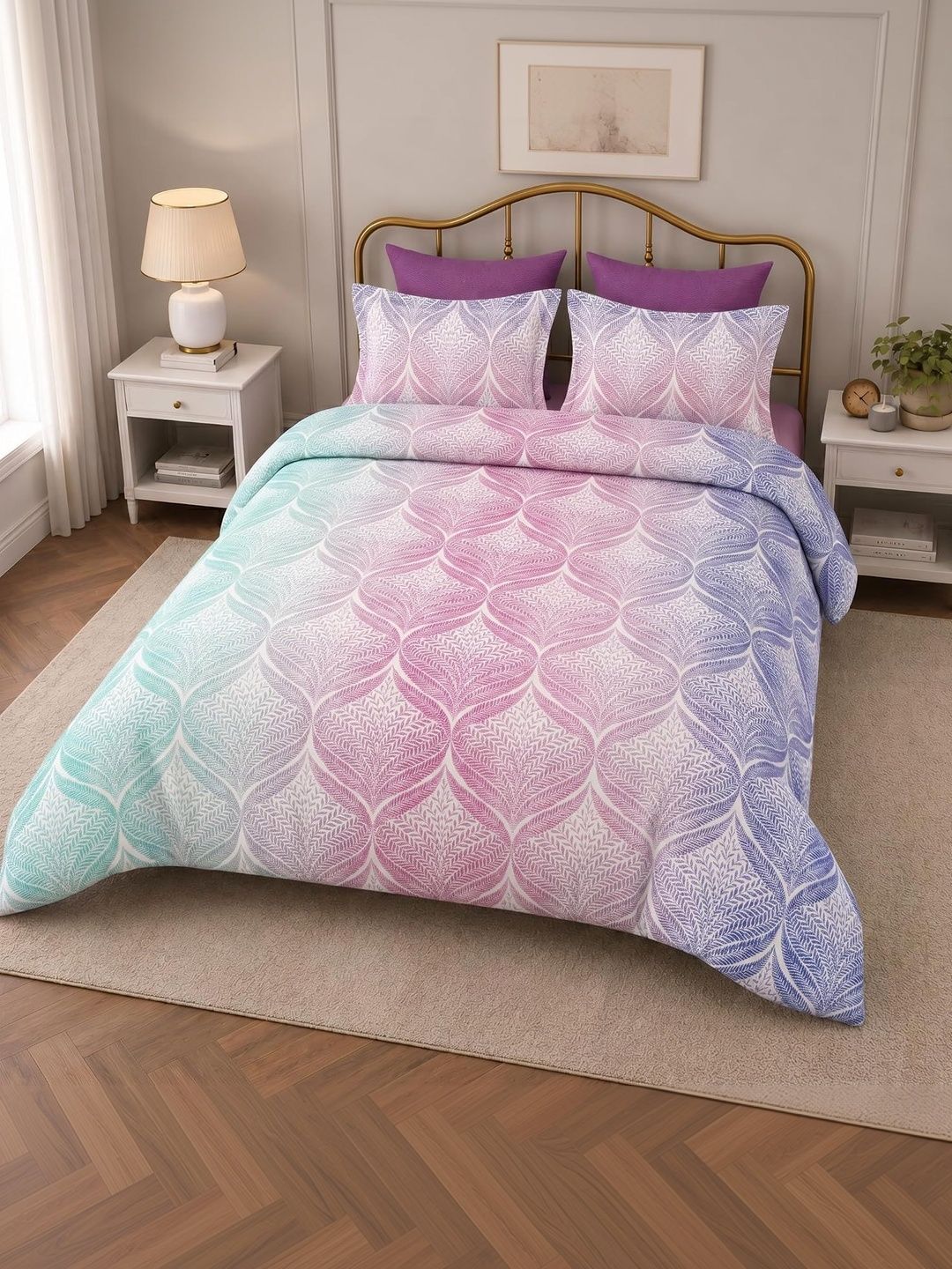 BOMBAY DYEING BOMBAY DYEING Pink & Purple 144 TC Bedsheet with 2 Pillow Covers