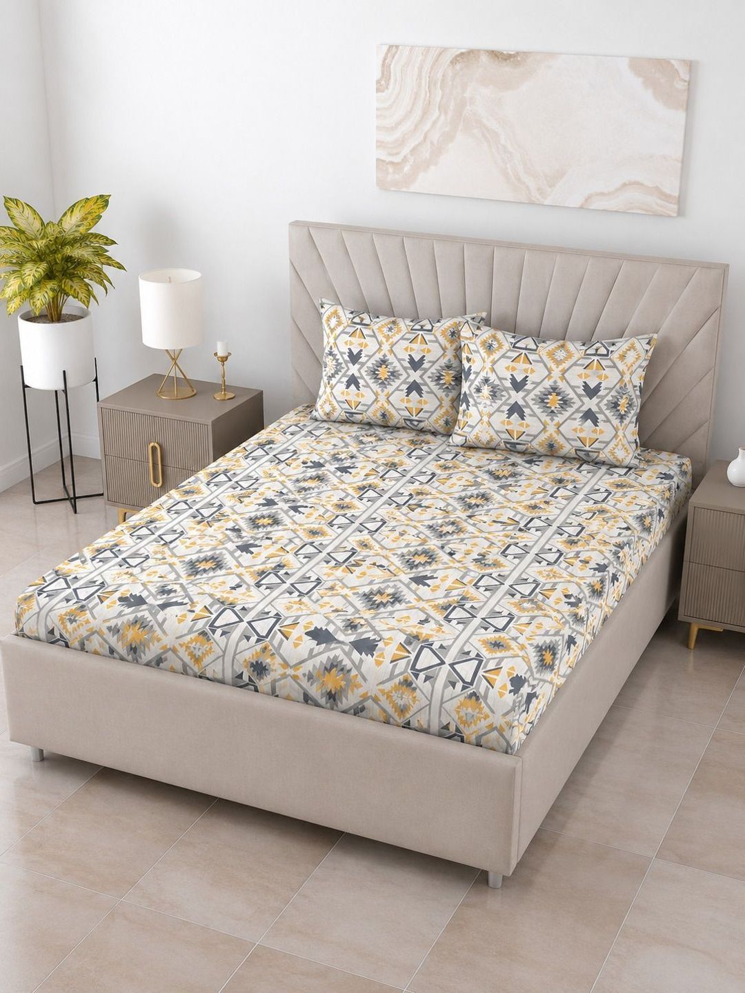 BOMBAY DYEING BOMBAY DYEING White & Grey 144 TC Bedsheet with 2 Pillow Covers