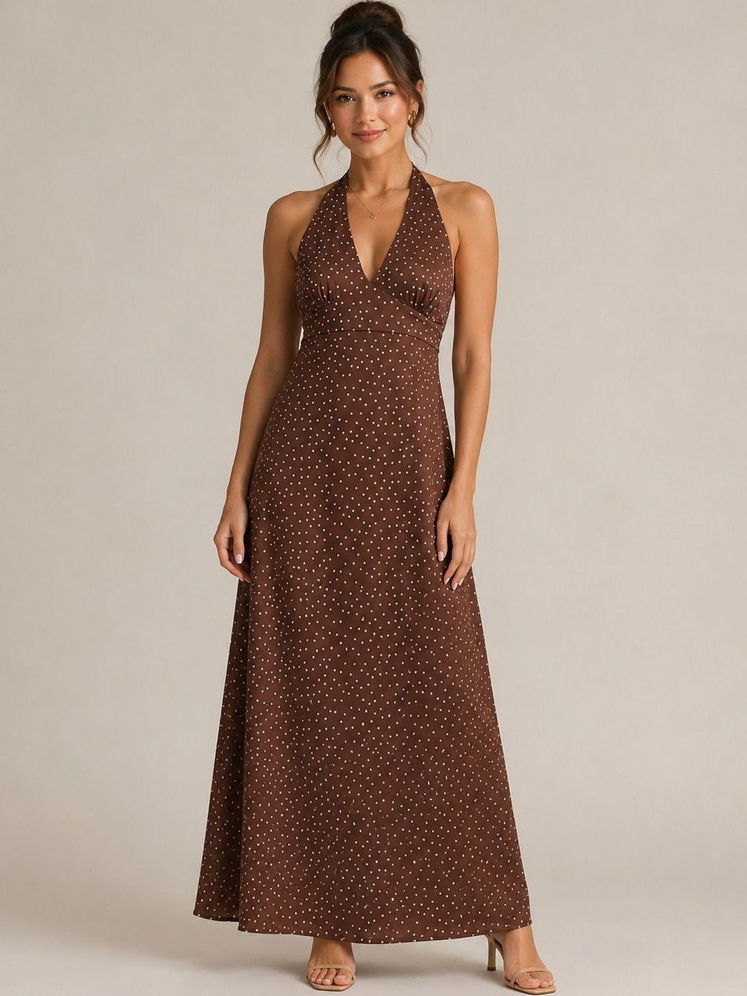 HERE&NOW Polka Dot Print Halter Neck Satin Maxi Dress