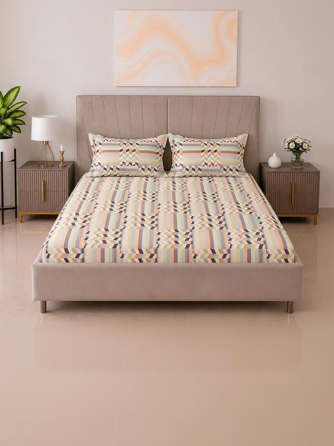 BOMBAY DYEING BOMBAY DYEING Grey & Yellow 144 TC Bedsheet with 2 Pillow Covers
