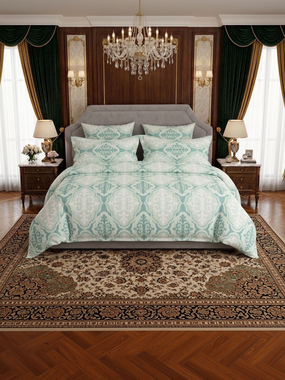 BOMBAY DYEING BOMBAY DYEING Green & White 144 TC Bedsheet with 2 Pillow Covers