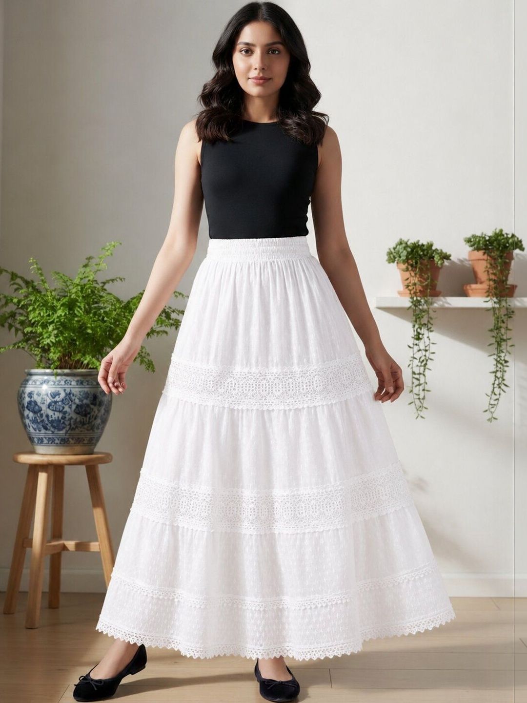 LADYANA Women Self Design Tiered Maxi Flared Skirt