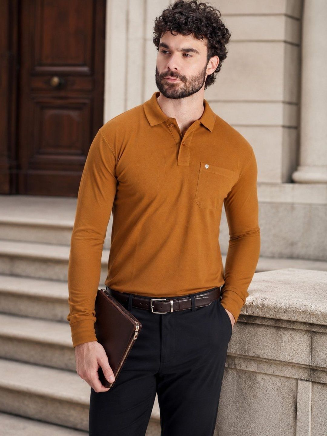 PRORIDERS Men Solid Brown Regular Fit Full Sleeve Polo T-shirt