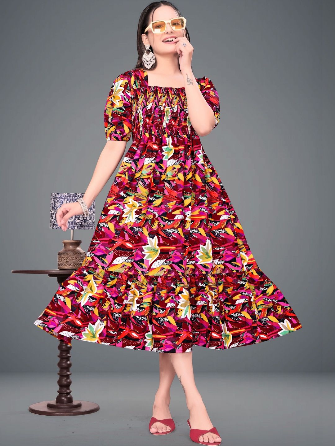 MANDIV FASHION Floral Print Puff Sleeve Crepe A-Line Midi Dress