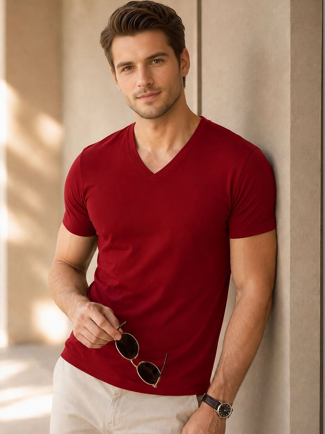 FBAR Men Solid Cotton V Neck T Shirt
