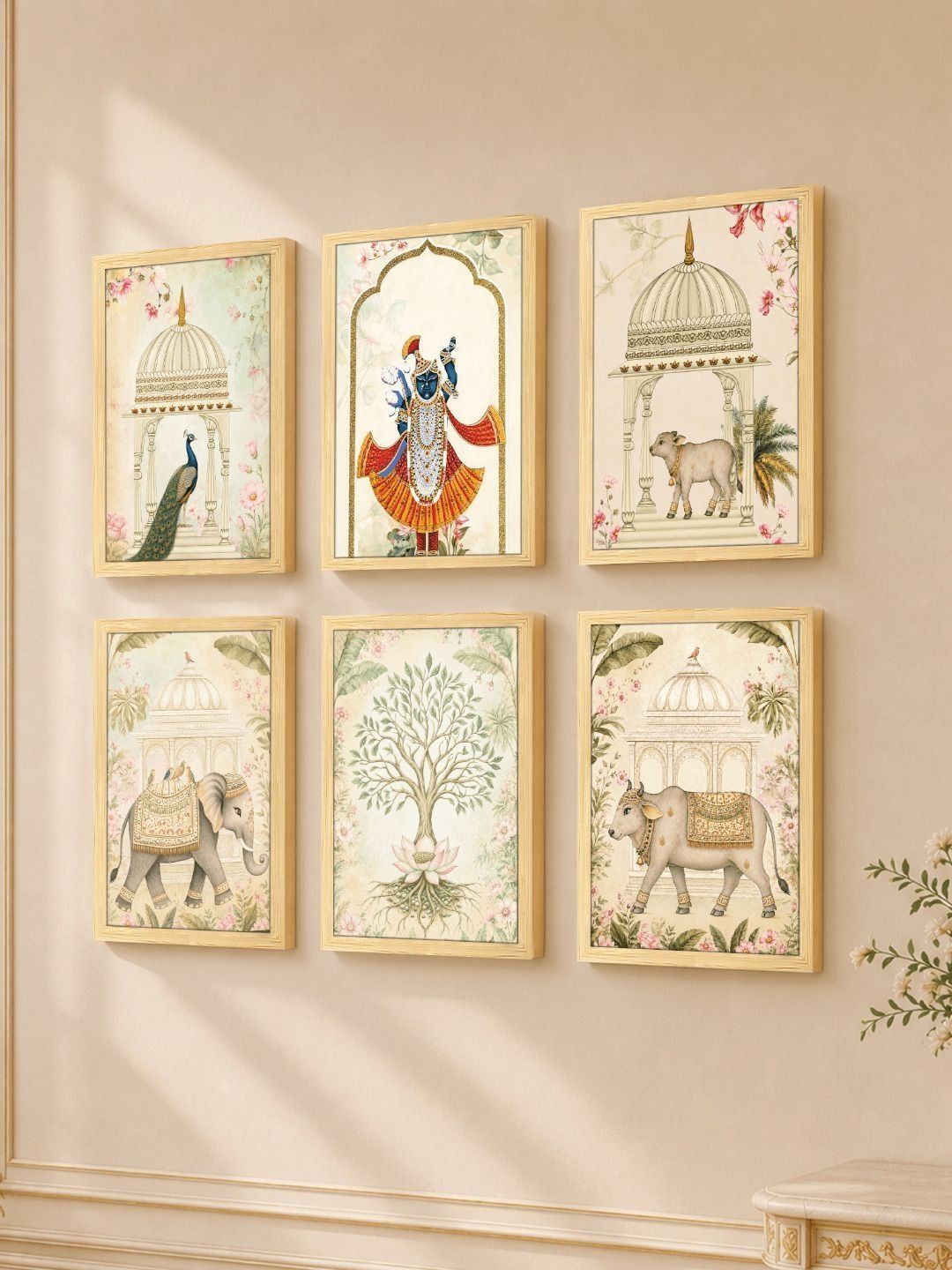 Art Street Art Street 6 Pieces Shrinathji Pichwai Holy Cow Elephant Tree Framed Wall Art Paintings