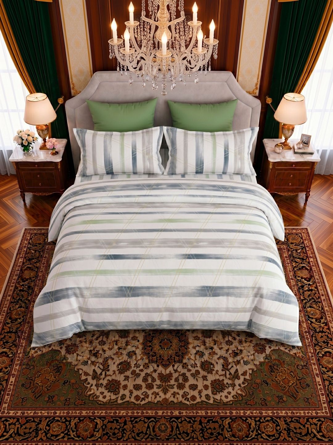 BOMBAY DYEING BOMBAY DYEING Grey & White 144 TC Bedsheet with 2 Pillow Covers