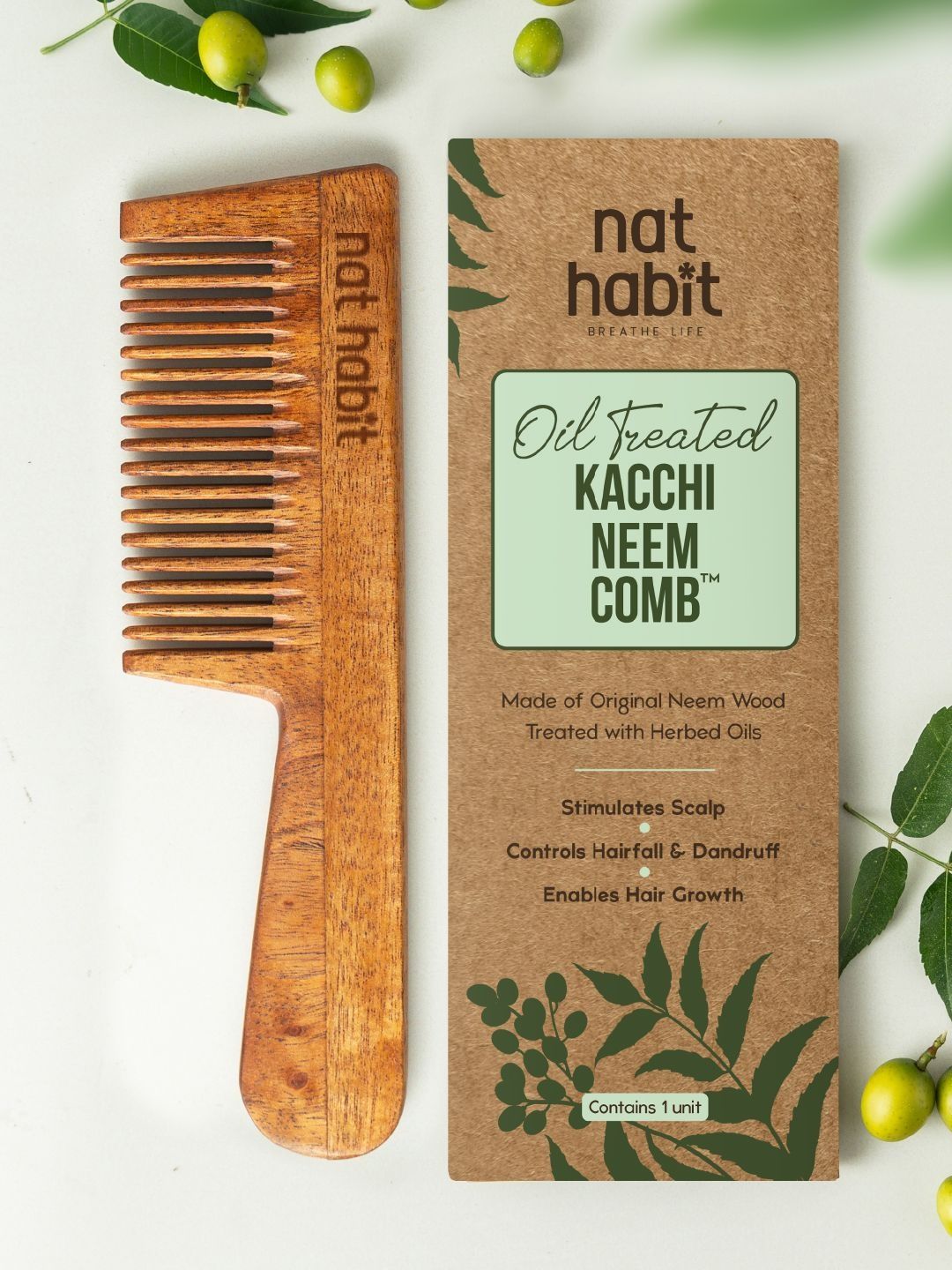 Nat Habit Kacchi Neem Fine Wooden Tooth Comb - Soaked in 17 Herbs & Oils for Hair Growth