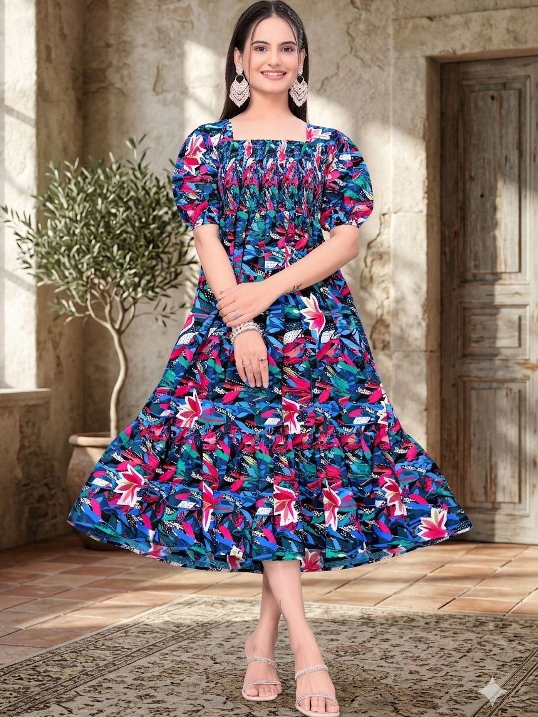 MANDIV FASHION Floral Print Puff Sleeve Crepe A-Line Midi Dress