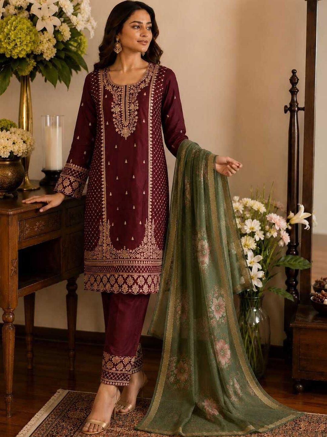 Crazy Needle Women Ethnic Motifs Embroidered Regular Thread Work Kurta with Trousers & With Dupatta