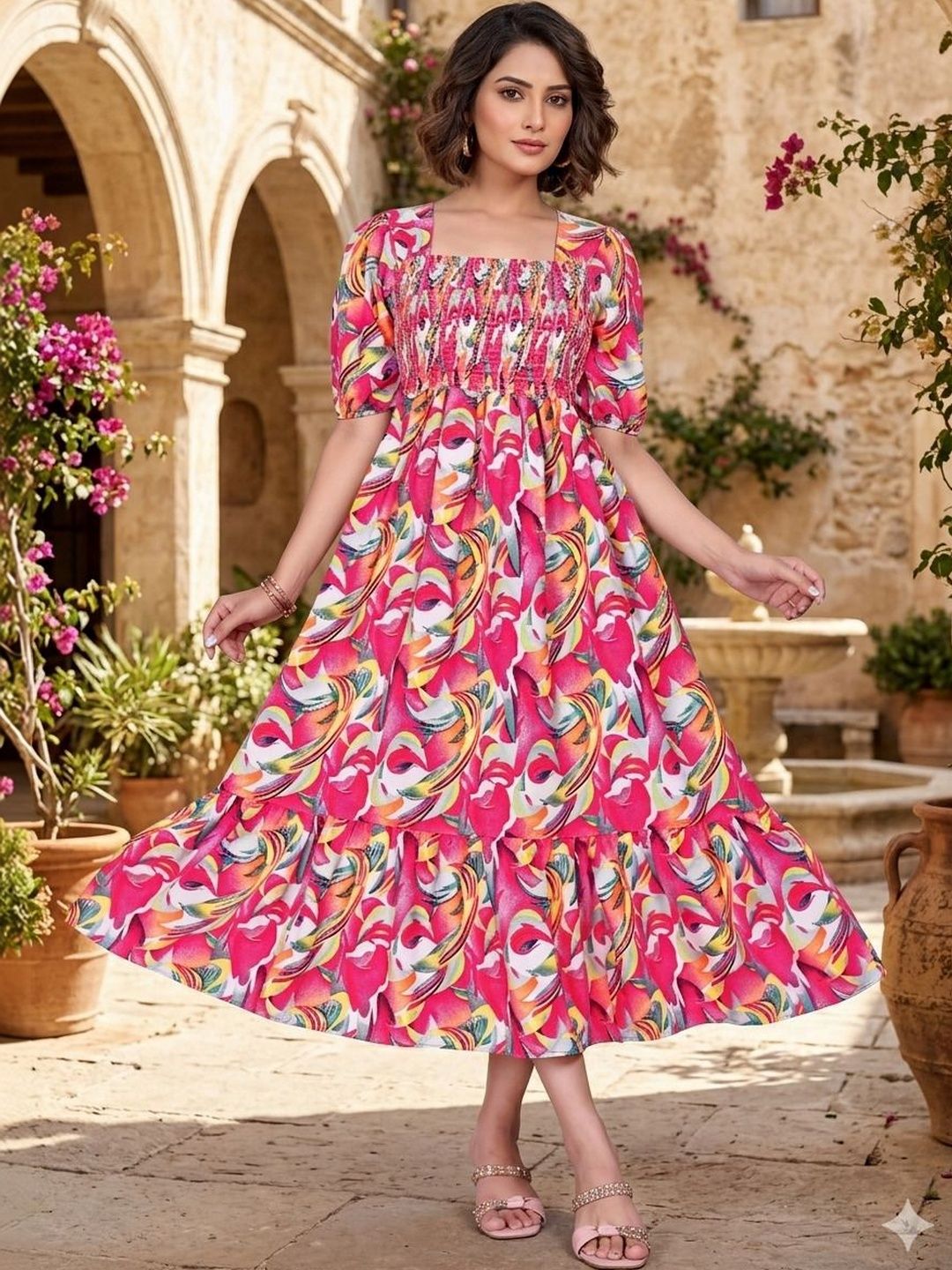 MANDIV FASHION Print Puff Sleeve Crepe A-Line Midi Dress