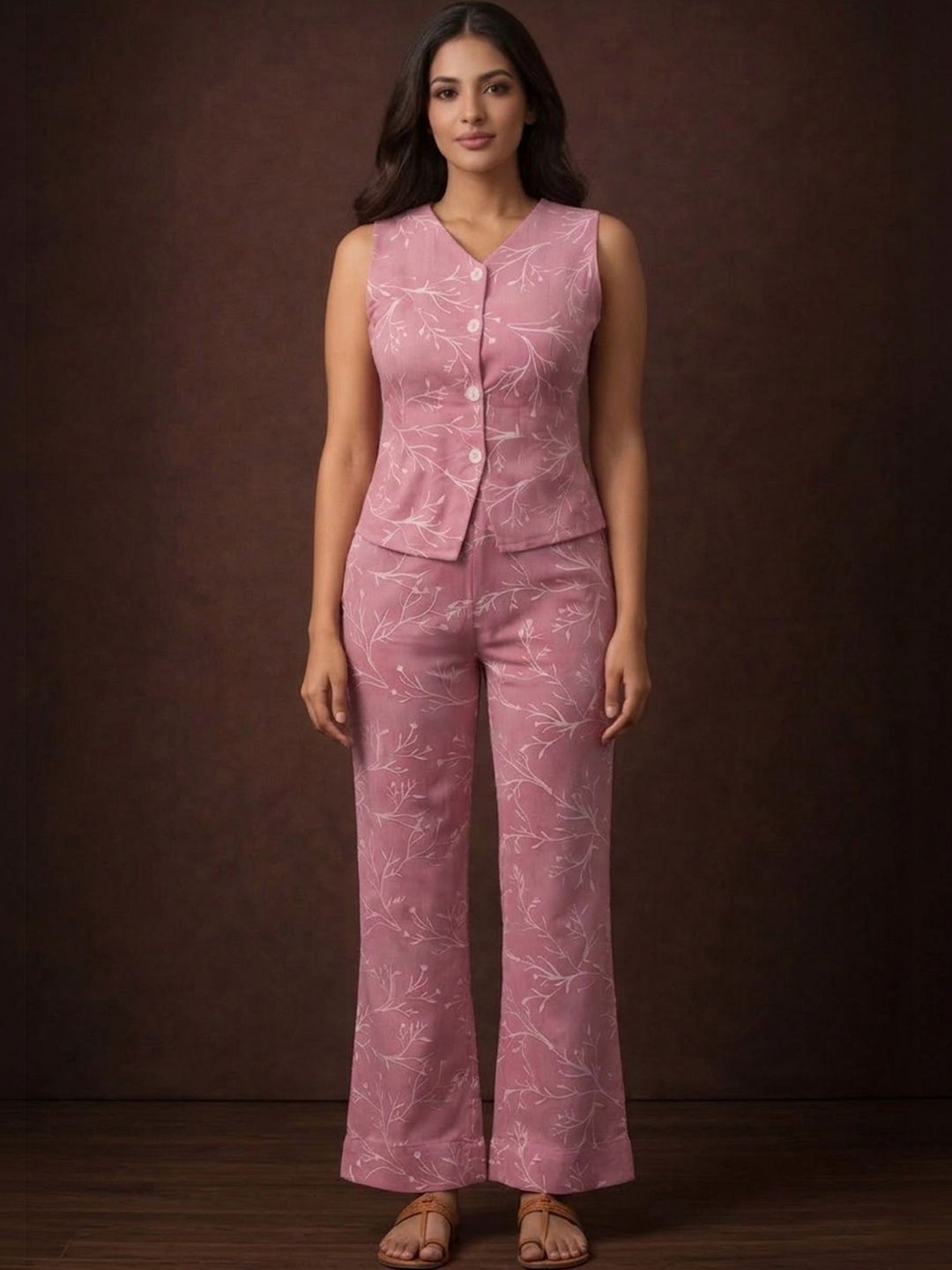 Club York Club York Printed V-Neck Sleeveless Top With Trousers