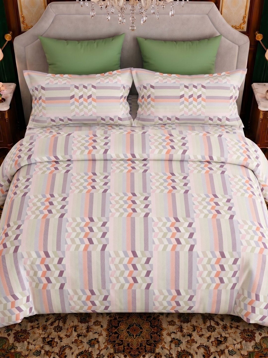 BOMBAY DYEING BOMBAY DYEING Peach-Coloured & White 144 TC Bedsheet with 2 Pillow Covers