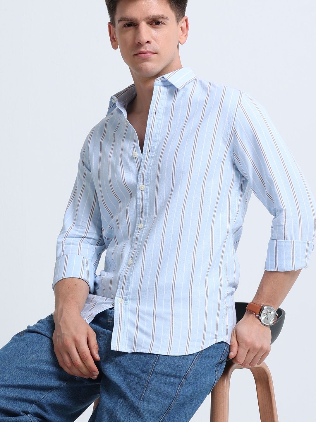 Blu MNKY Men Classic Slim Fit Striped Casual Shirt