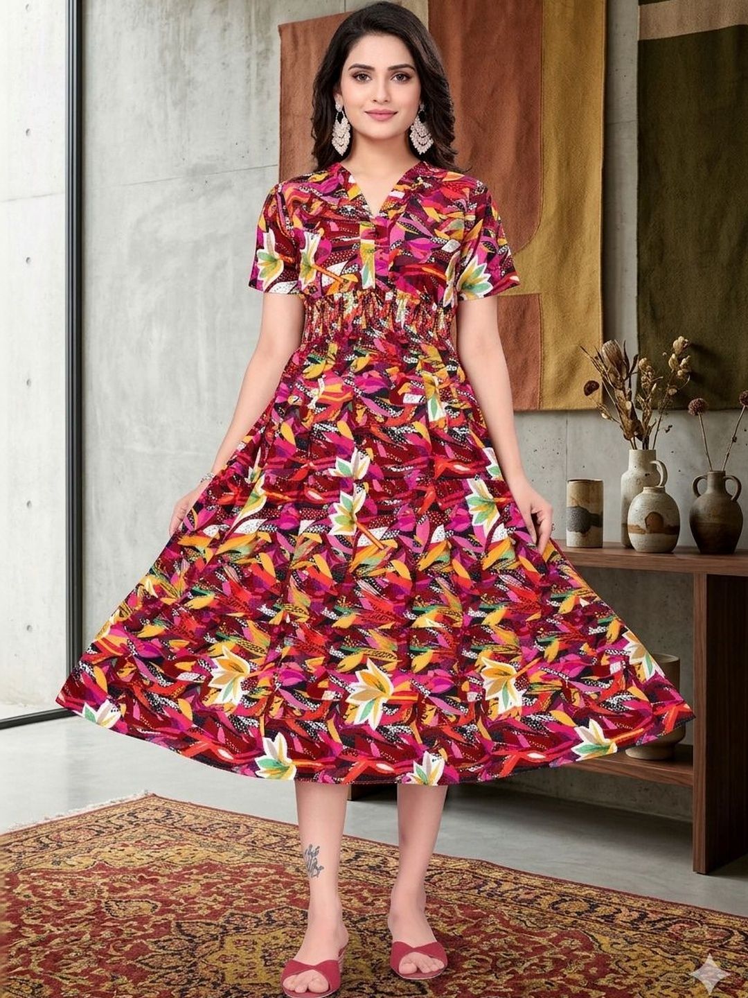 MANDIV FASHION Print Crepe A-Line Midi Dress