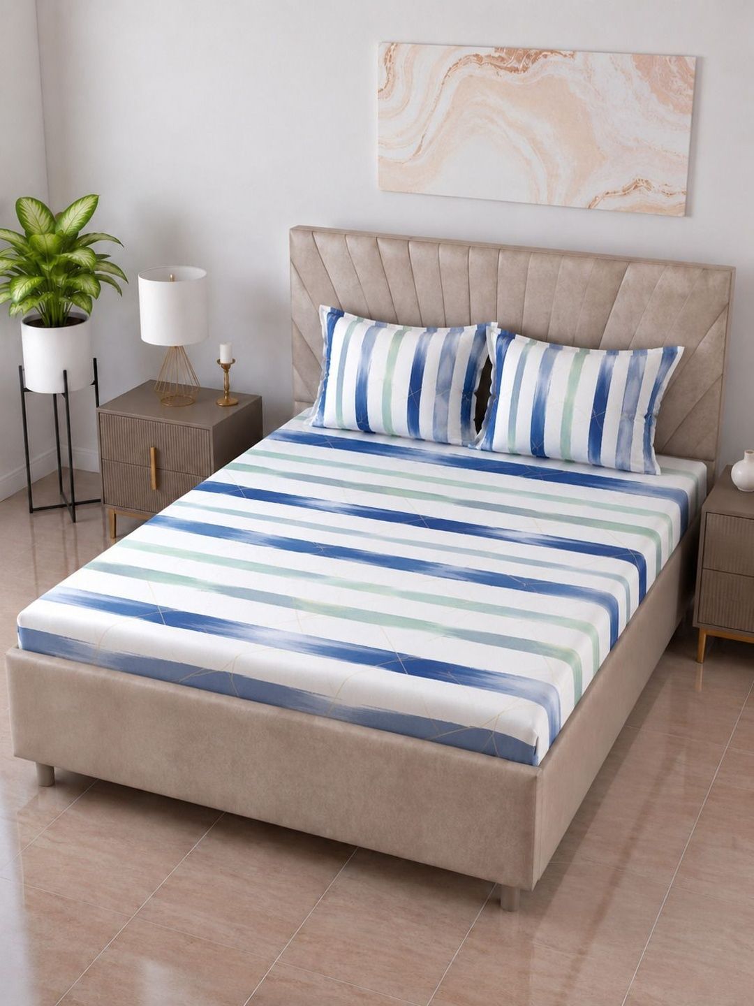 BOMBAY DYEING BOMBAY DYEING Blue & Green 144 TC Bedsheet with 2 Pillow Covers